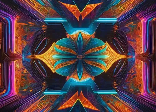 geometric shapes, abstract art, vibrant colors, 3D effects, futuristic design, metallic materials, neon lights, glowing edges, intricate patterns, symmetrical compositions, optical illusions, psychede