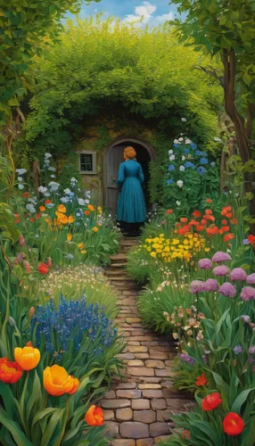 Imagine Rachael Lange exploring a mysterious secret garden filled with enchanting flowers.,cottage garden,girl in the garden,flower garden,to the garden,girl picking flowers,in the garden,the garden m