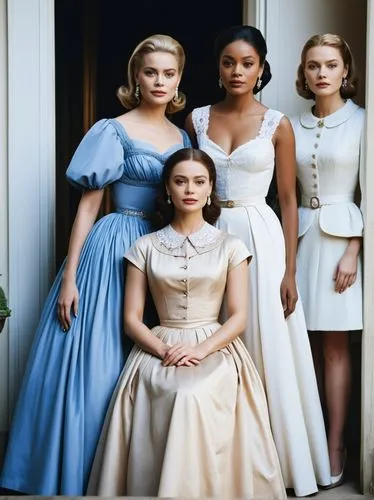 Grace Kelly, Aishwarya Rai and Scarlett Johansson in the Country.,four women wearing elegant gowns posing for a portrait,countesses,debutantes,debutante,maidservants,noblewomen,heiresses,Photography,B