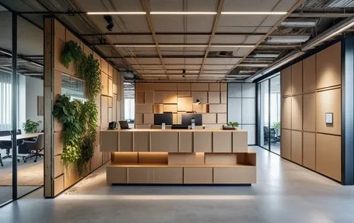 office, lobby, reception desk made of cardboard, eco japan light style, craft paper, geometry,light white ceiling,a room that has many chairs and wooden desks,modern office,bureaux,creative office,off