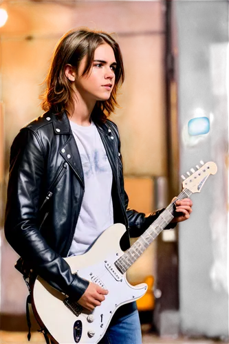 Nervous musician, solo, intense expression, messy brown hair, black leather jacket, white shirt, skinny jeans, Converse shoes, holding guitar, standing, dim lighting, urban background, cinematic compo