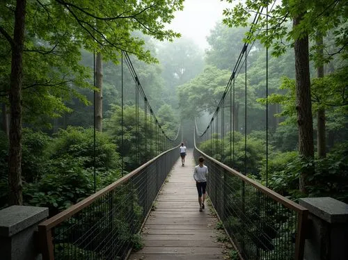 Winding forest trails, suspension pedestrian bridges, steel cable railings, wooden decking, natural stone abutments, rustic timber pillars, verdant tree canopies, dappled shade, misty atmosphere, soft