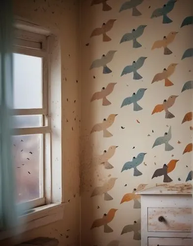 A room with birds painted in the walls.  One of the painted birds of paper is escaping from the pinting.,bird pattern,wall sticker,window covering,aquarium decor,wall plaster,flock of birds,birds of t