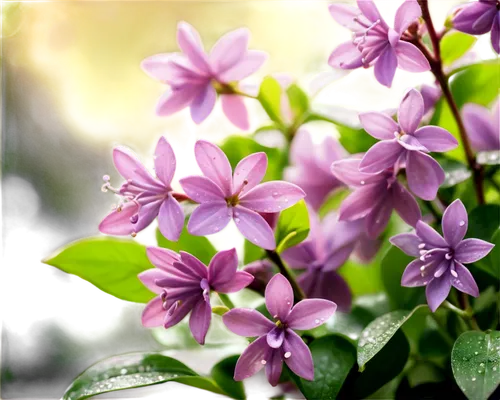 Lilac flowers, blooming, purple petals, delicate shape, green leaves, stems, morning dew, soft sunlight filtering through petals, 3/4 composition, shallow depth of field, warm color tone, cinematic li