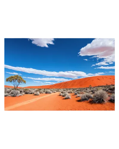 Australian landscape, vast desert, red earth, spinifex grass, unique rock formations, lone tree, vibrant blue sky, dramatic clouds, warm sunlight, panoramic view, low-angle shot, cinematic composition