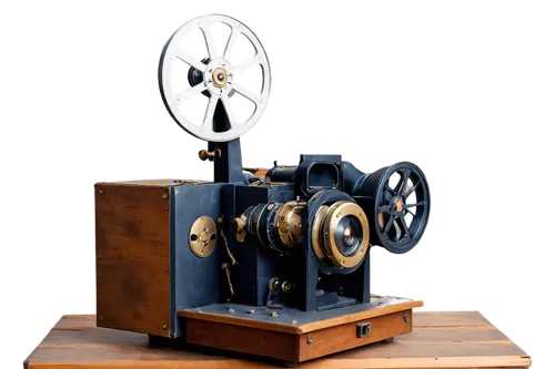 Vintage film projector, old movie machine, metal body, retro style, intricate details, brass accents, lens cap, reel holder, cord wrapped around body, worn wooden case, nostalgic atmosphere, warm ligh