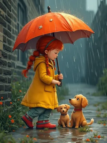 A delightful and whimsical illustration featuring a red-haired girl with plaits and a headband, wearing a yellow raincoat and red crocs. She stands under an umbrella with her two scruffy dogs, who are