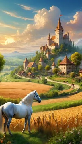 farm background,landscape background,rural landscape,agricultural scene,farm landscape,french digital background,unicorn background,fantasy landscape,countryside,bucolic,chevaux,holstein,pastoral,meadow landscape,bavarian swabia,fantasy picture,a white horse,idyllic,pasture,transylvania,Illustration,Realistic Fantasy,Realistic Fantasy 01