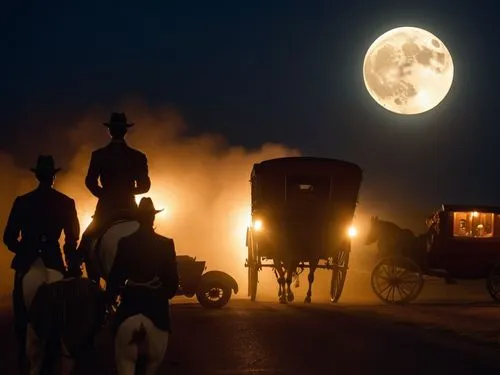 A Pitch dark night, 4 teenage horsemen drive on the roads of madras presidency where a horse coach is goiing ahead of them generating smoke on the roads, a classic 1900 ford car crosses the street on 