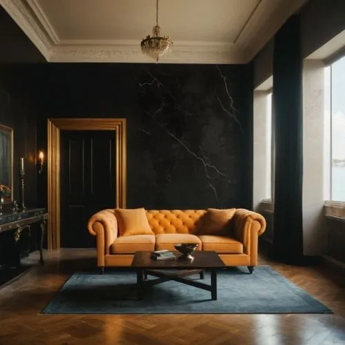 Living room venetian style,living room area with a large black wall, brown and tan couch, and coffee table,minotti,danish room,sitting room,danish furniture,chaise lounge,cassina