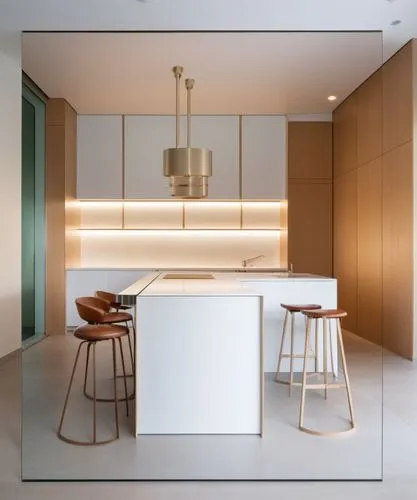 white marble counter top with glass bow of apples, white ash timber cupboard, leather seats with chrome legs,this modern kitchen has wooden cabinets and white counters,modern kitchen interior,anastass