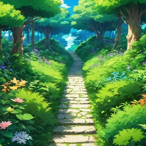 forest path,pathway,wooden path,hiking path,paths,path,the mystical path,the path,forest road,cartoon video game background,fairy forest,pathways,forest glade,tunnel of plants,tree lined path,forest,forest of dreams,green forest,nature background,forest landscape,Illustration,Japanese style,Japanese Style 03