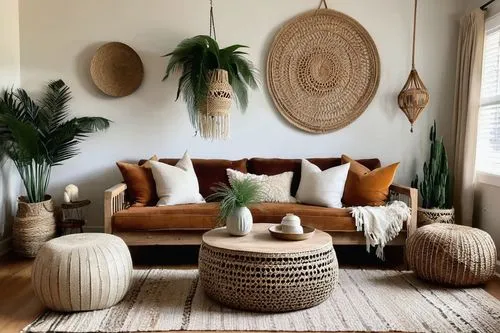 Bohemian chic living room, vintage distressed wooden floor, eclectic mix of antique and modern furniture, plush Moroccan-inspired ottoman, macrame wall hanging, woven rattan coffee table, pampas grass