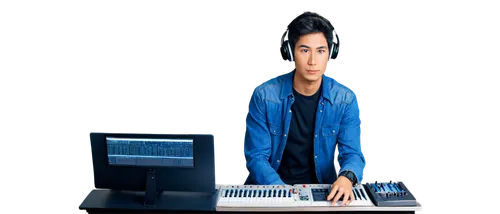 Modern sound engineer, male, young adult, casual wear, headphones, sound mixing console, electronic keypad, multiple screens, coffee cup, relaxed pose, studio setting, softbox lighting, shallow depth 