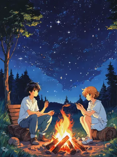 campfire,stargazing,campfires,fireflies,romantic night,starry sky,camp fire,firepit,romantic scene,tobacco the last starry sky,camping,clear night,perseids,night stars,idyll,s'more,the moon and the stars,studio ghibli,astronomers,detective conan,Illustration,Japanese style,Japanese Style 13