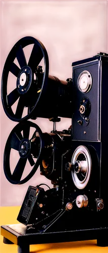 Film projector, vintage machine, old cinema, metal body, intricate details, reels spinning, light beam emitting, film strip running, nostalgic atmosphere, warm lighting, shallow depth of field, close-