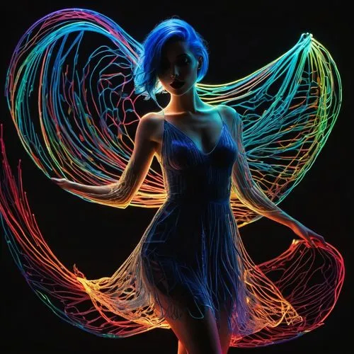 neon body painting,fairy peacock,light drawing,faerie,light art,aurora butterfly,Photography,Artistic Photography,Artistic Photography 15