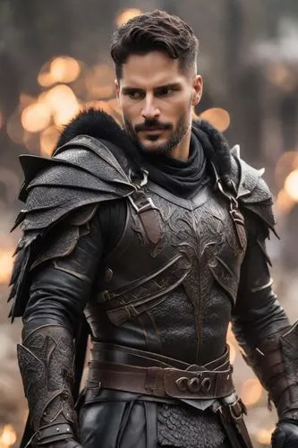 Joe Manganiello as The black dragon king wears black reinforced leather armor with dark bronze details, and a dragon skin cloak. His helmet has sharp horns, and he wears a belt with a long sword and a