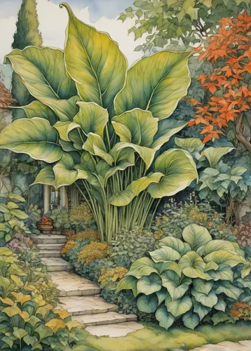 Describe the vibrant colors and intricate patterns of a trumpet leaf in a serene garden.,gunnera,vegetables landscape,podophyllum peltatum,begonias,gardens,garden of plants,canna family,ginger plant,g