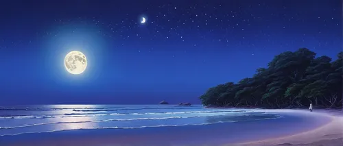 beach moonflower,moon and star background,sea night,the night of kupala,beach landscape,dark beach,moon and star,moonlit night,dream beach,blue moon,fantasy picture,beach scenery,night scene,moonbeam,celestial bodies,hanging moon,starry sky,clear night,stars and moon,celestial event,Illustration,Japanese style,Japanese Style 17