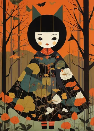 Create a suspenseful narrative about a haunted Toyose doll.,autumn icon,halloween illustration,halloween cat,autumn forest,autumn camper,autumn theme,pumpkin autumn,autumn cupcake,halloween poster,aut