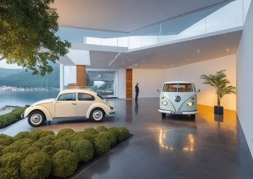 A volkswagen exhibition showing bocho and a combi in a luxurious place with a big ventanal at the front,a couple of cars that are in the showroom,car showroom,interior modern design,smart house,microc