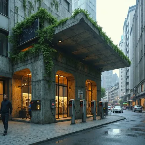 Brutalist charging station, futuristic, eco-friendly, sustainable design, industrial materials, exposed concrete, steel beams, green walls, vines crawling up structure, solar panels, LED lights, metal