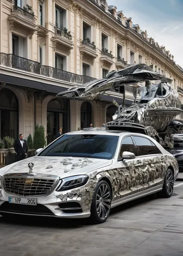 Transport yourself to a luxurious hotel in a bustling city, where VIP guests arrive in chauffeur-driven luxury cars.,mercedes s class,mercedes benz limousine,mercedes-benz s-class,personal luxury car,