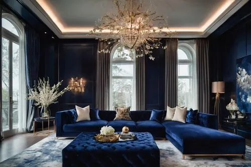 blue room,luxury home interior,royal blue,opulently,ornate room,opulent,navy blue,opulence,dark blue and gold,great room,mazarine blue,interior decoration,fromental,claridge,sumptuous,poshest,luxurious,interior design,interior decor,baccarat,Illustration,Realistic Fantasy,Realistic Fantasy 02