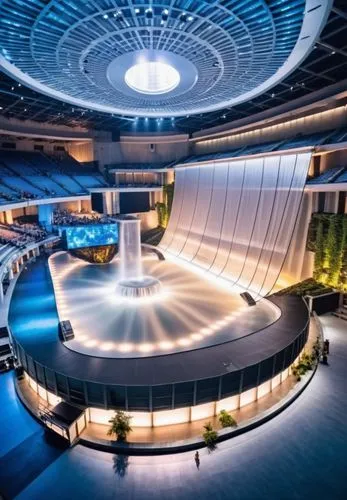 The huge indoor stadium features a central round waterfall, a stage, and projection on the side curtains,hemicycle,blavatnik,auditorio,autostadt wolfsburg,concert venue,planetariums,auditoriums,hall o