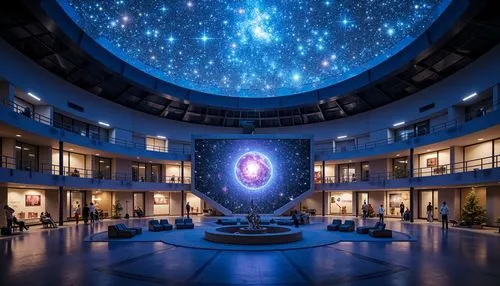 Celestial planetarium dome, vast open interior, starry night sky projection, circular seating arrangement, futuristic architecture design, sleek metal beams, transparent glass roof, minimalist decor, 