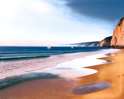 Seaside scenery, calm waves, blue ocean, sandy beach, clear sky, white seagulls flying, sailboat in distance, rocky coastline, morning mist, warm sunlight, 3/4 composition, shallow depth of field, vib