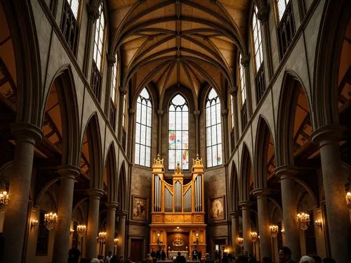 Vaulted ceilings, ribbed arches, stained glass windows, ornate stone carvings, intricate frescoes, grandiose nave, soaring verticality, dramatic chiaroscuro, warm golden lighting, mystical ambiance, s