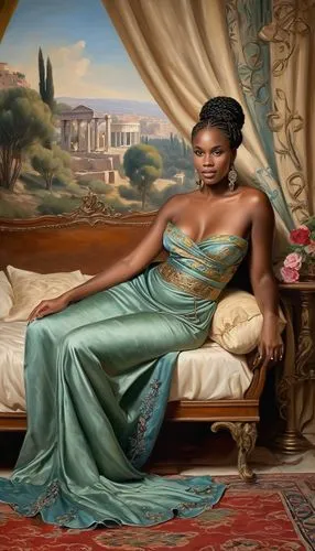 omarosa,odalisque,godward,teferi,lucretia,african american woman,african woman,oracene,tiana,a floor-length dress,byanyima,toccara,rhoa,opulently,konadu,beautiful african american women,siriano,opulence,cleopatra,prophetess,Conceptual Art,Oil color,Oil Color 22