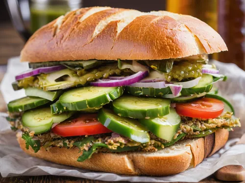 Write a funny story about a sandwich club meeting in a chaotic kitchen with a sneaky pickle.,cemita,veggie burger,cucumber sandwich,tuna fish sandwich,bánh mì,original chicken sandwich,muffuletta,subm