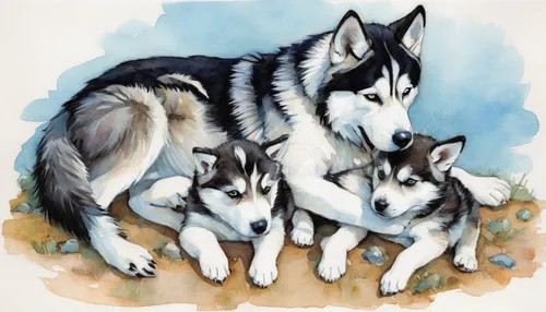 huskies,wolf couple,wolves,mother and children,arrowroot family,two wolves,wolf pack,mother with children,three dogs,the mother and children,canis lupus,canidae,buckthorn family,watercolor dog,birch family,canines,sled dog,dog sled,water-leaf family,harmonious family,Illustration,Paper based,Paper Based 17