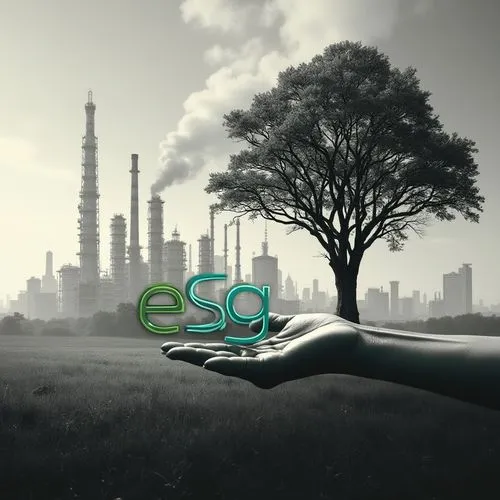 A black and white photo with a hint of orange  image depicts a futuristic with skyscrapers soaring above the cityscape and oil refinery letting out smoke and big oak tree The iconic estag and the gree