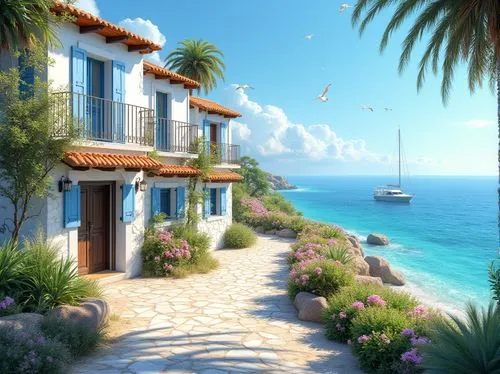 seaside view,seaside resort,beachfront,paradis,seaside country,shorefront,holiday villa,house by the water,seclude,idyllic,provencal,beach resort,oceanfront,south france,seaside,summer cottage,fresnaye,dream beach,houseboats,ocean view,Photography,General,Realistic