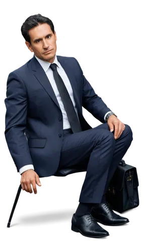 Businessman, client, middle-aged, suit, tie, white shirt, black trousers, black leather shoes, briefcase, sitting, serious expression, subtle smile, detailed eyes, soft lighting, 3/4 composition, shal