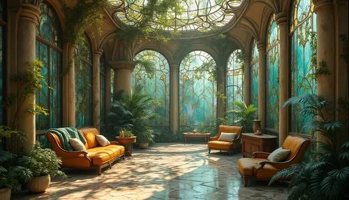 conservatory,dandelion hall,lobby,ornate room,winter garden,hotel lobby,atriums,sanctuary,orangery,palm house,sitting room,indoor,hall of the fallen,indoors,royal palms,interiors,livingroom,sanctum,alcove,waiting room,Photography,General,Realistic