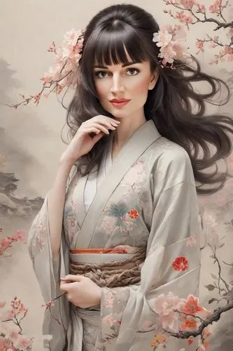 geisha girl,japanese floral background,geisha,japanese woman,geiko,hanfu,Photography,Realistic