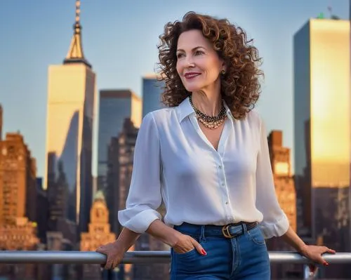 American mature lady, curly brown hair, gentle smile, subtle makeup, elegant necklace, white blouse, high-waisted blue jeans, black heels, standing, confident posture, New York City, skyscraper, sunny