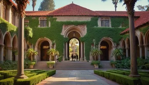 Berkeley University campus, historic architecture building, grandiose entrance, Romanesque columns, ornate carvings, red-tiled roof, ivy-covered walls, stone paved courtyard, sunny day, warm lighting,