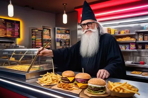 luther burger,wizard,the wizard,fast-food,fast food restaurant,fastfood,burger king premium burgers,fast food,st claus,jack in the box,the abbot of olib,rompope,jewish cuisine,fast food junky,saint nicholas' day,gandalf,lord who rings,kosher food,mcdonald's,rabbi,Illustration,Retro,Retro 04