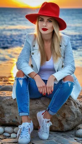 girl wearing hat,beach background,portrait background,womans seaside hat,red hat,red cap,the hat-female,jeans background,sun hat,colorful background,on a red background,photographic background,high sun hat,cool blonde,hat womens,women fashion,red background,summer hat,creative background,hat,Conceptual Art,Oil color,Oil Color 22