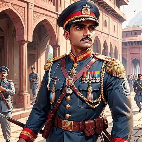 sultan,lahore,delhi,sikaran,jawaharlal,omani,brigadier,ashoka chakra,agra,new delhi,military officer,imperial period regarding,jaipur,the emperor's mustache,military uniform,game illustration,kul-sharif,india,bangladeshi taka,pure-blood arab,Anime,Anime,General