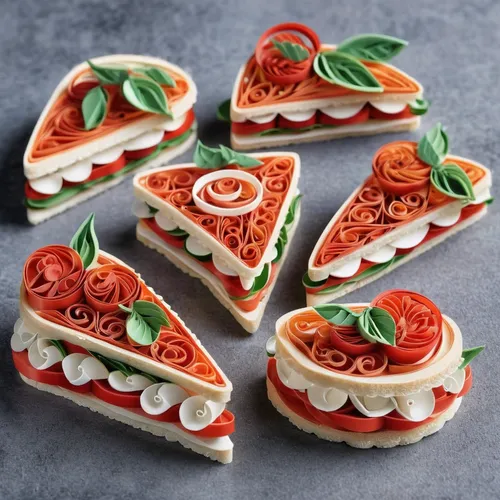 Grilled Margherita Sandwiches,pizzelle,torta caprese,decorated cookies,cicchetti,bruschetta,caprese,sliced tangerine fruits,slices,pizza stone,open sandwich,watermelon slice,caprese salad,cream slices