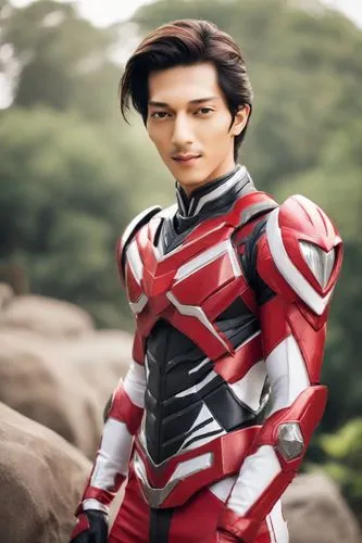 power rangers merah, background taman kota, rambut panjang di ikat, , lagi memegang helm,a man dressed in an armor style suit poses for a portrait,dekaranger,ryuki,ultraman,zodiarts,gaim,fourze,Photog