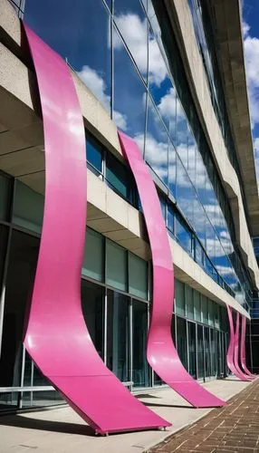 Pink ribbon, breast cancer awareness, architectural columns, distorted perspective, modern hospital building, glass windows, steel frames, urban cityscape, cloudy sky, strong shadows, dramatic lightin