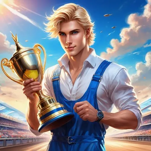 Realistic anime image of attractive blond man with blue eyes dressed in racing driver overalls, holding a champion trophy,a man holding a gold trophy with his hands,dragomir,tymoshchuk,jayce,arseny,al